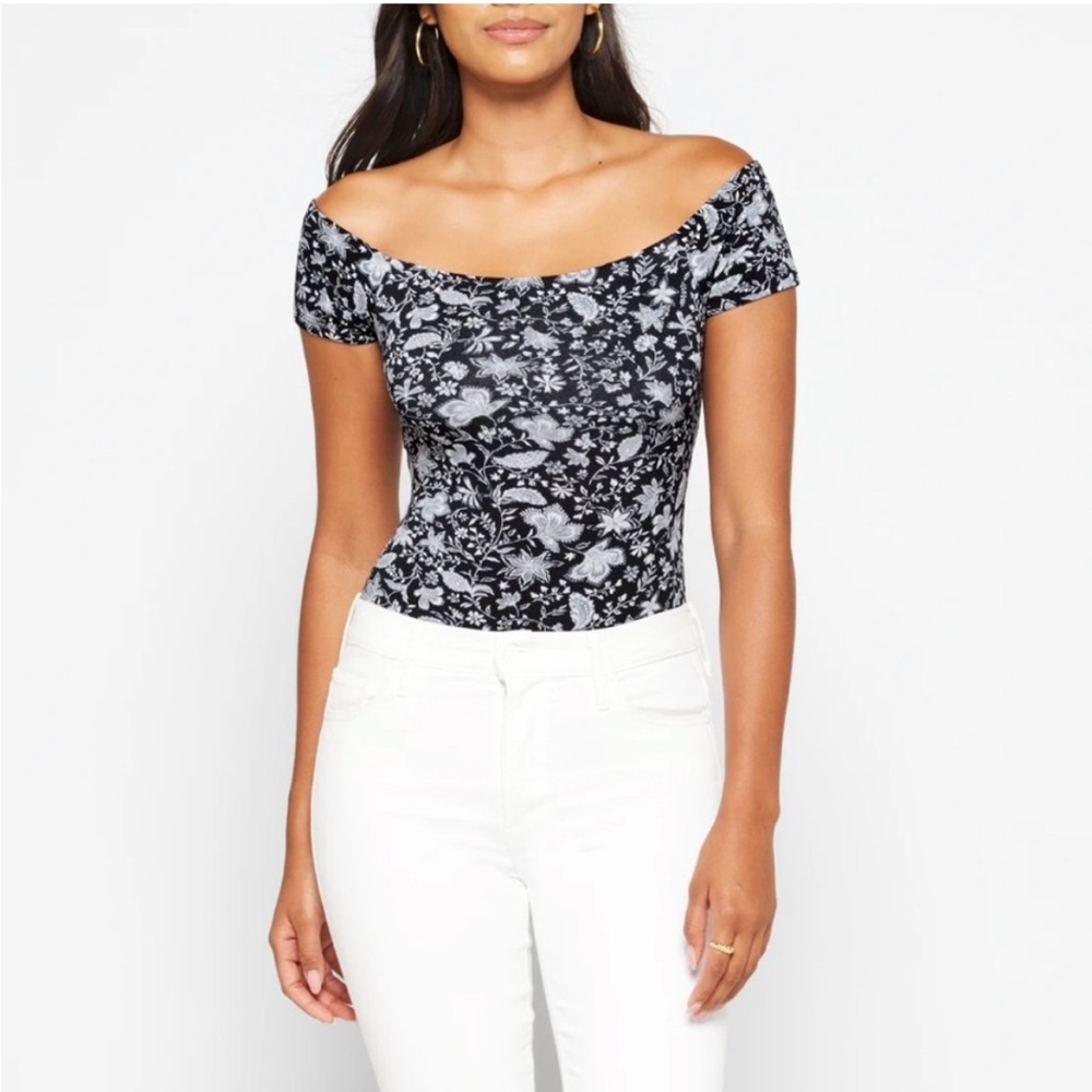 Lush Navy White Floral Off‑Shoulder Bodysuit XL New • Stretchy Ribbed Top